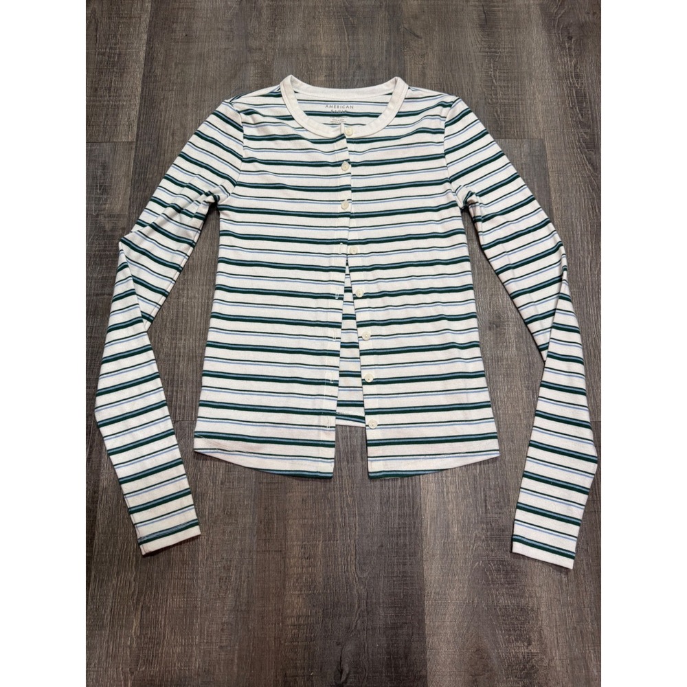 American Eagle Striped Ribbed Cardigan Women XXS Green Blue White Button Front